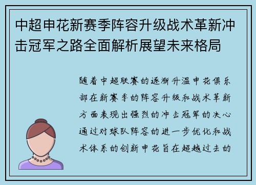 中超申花新赛季阵容升级战术革新冲击冠军之路全面解析展望未来格局