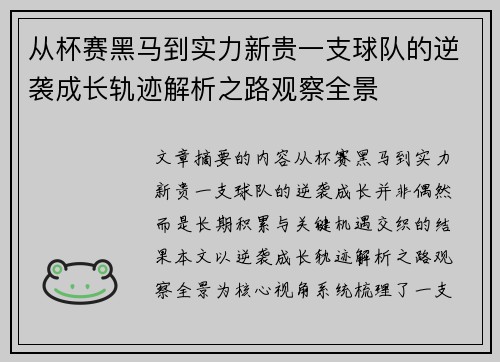 从杯赛黑马到实力新贵一支球队的逆袭成长轨迹解析之路观察全景