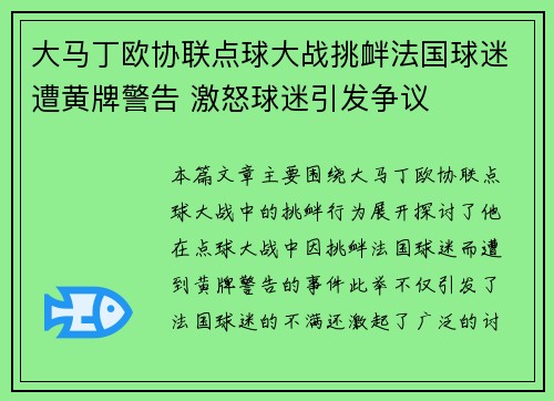 大马丁欧协联点球大战挑衅法国球迷遭黄牌警告 激怒球迷引发争议