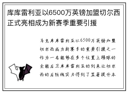 库库雷利亚以6500万英镑加盟切尔西正式亮相成为新赛季重要引援
