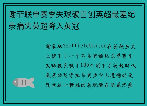 谢菲联单赛季失球破百创英超最差纪录痛失英超降入英冠 谢菲联单赛季失球破百创英超最差纪录痛失英超降入英冠